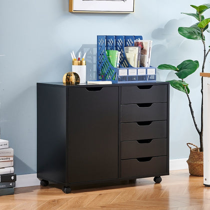 Mobile Filing 5 Drawer Pedestal Cabinet File Storage with Door Home Office Black