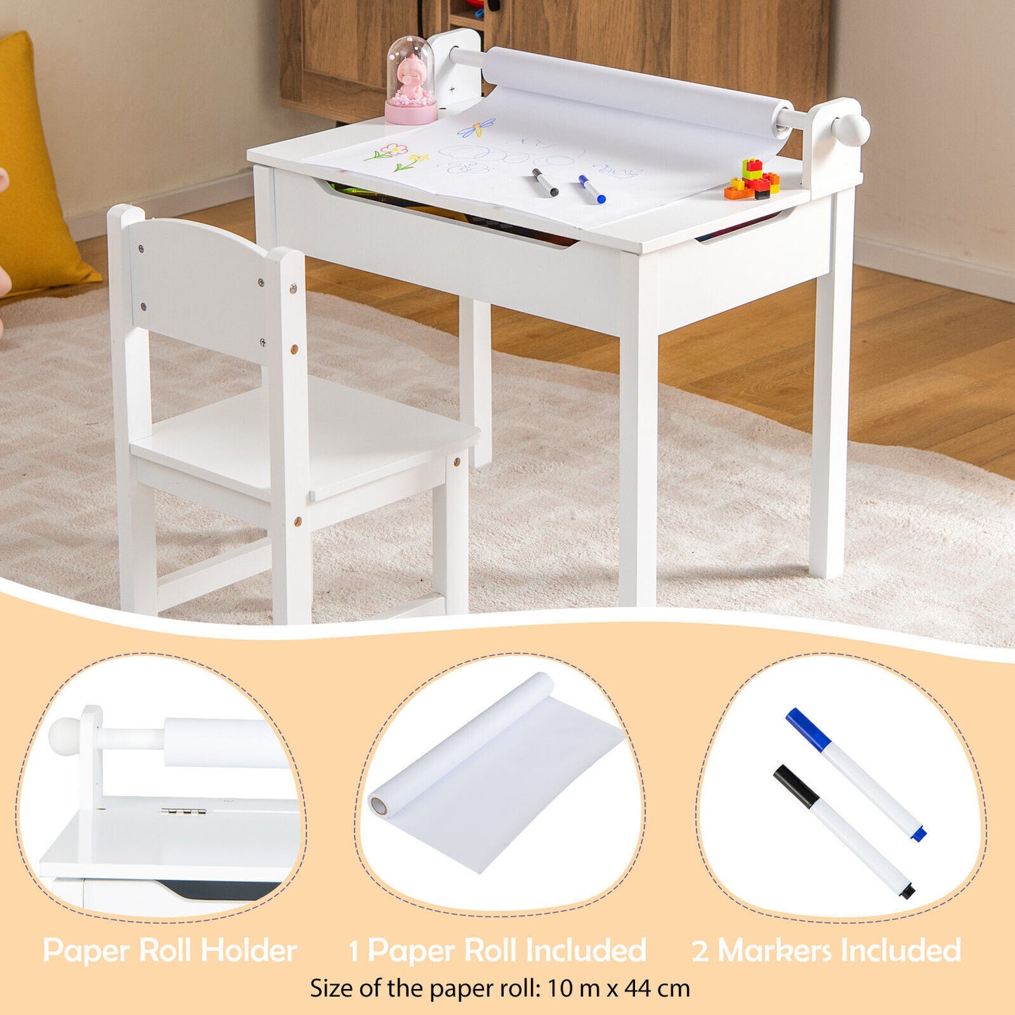 Kids Art Table Set Children Wooden Lift-Top Craft Desk & Chair w/Markers