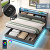 Upholstered Ottoman Bed, 5ft King Bed Frame with Storage, LED, USB Linen Grey