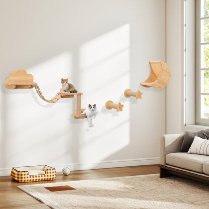6 Pieces Cat Wall Mounted Shelves w/ Hammock 2-step Cat Tree