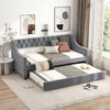Linen Upholstered Daybed Single Size Trundle Bed Wood Sofa Bed Frame w/Trundle