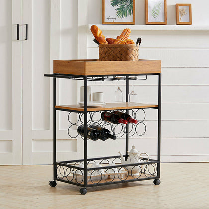 3 Tier Wooden Shelves Cart Drinks Storage Trolley Metal Wine Rack Bottles Holder