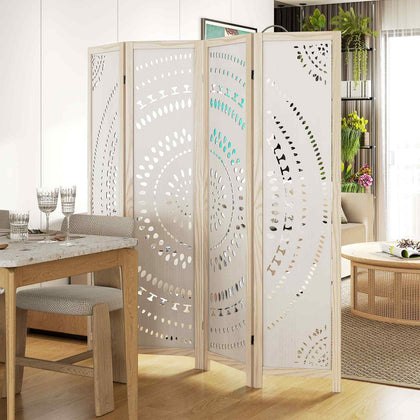 Boho 4-Panel Room Divider Office Privacy Screen with 360° Hinges-White