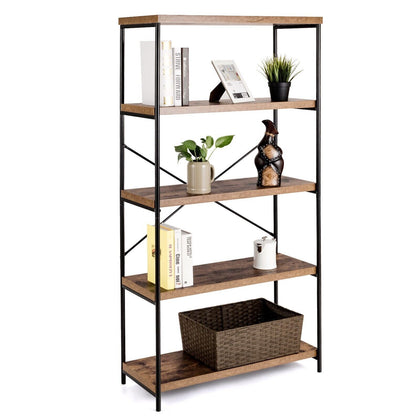 5-Tier Bookshelf Industrial Wood Bookcase Freestanding Display Rack Organizer