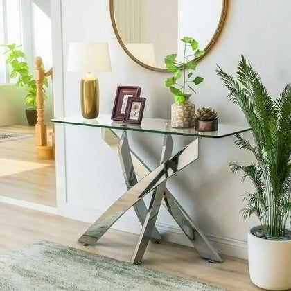 120cm Glass Console Table with Clear Tempered Glass and Chrome Cross Legs UK