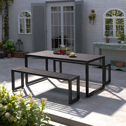 3Pcs Garden Dining Set Plastic Wood Beer Table Benches Parasol Hole for 4 Seater