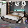 Double Bed Frame with LED Lights, 4 Drawers, Charging Station Metal Platform Bed