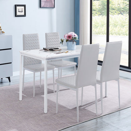 4x White Faux Leather Stripe Dining Chairs&White Marble MDF Top Dining Table Set