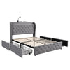 Double Bed Upholstered Storage Bed Frame With Headboard, Lamp and 4 Drawers
