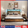 Double Size Bed Frame Metal Bed Platform LED Lights Headboard & 4 Storage Drawer