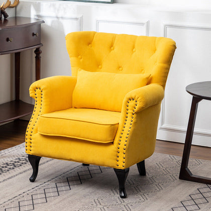 Yellow Linen Armchair Occasional Accent Chair WingBack Lounge with Waist Pillow