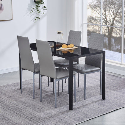 4pcs Grey Faux Leather Dining Chairs Ripple Lines & Black Glass Dining Table Set