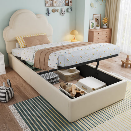 3ft Single Ottoman Storage Bed with Cloud Shaped Upholstered Headboard, Beige