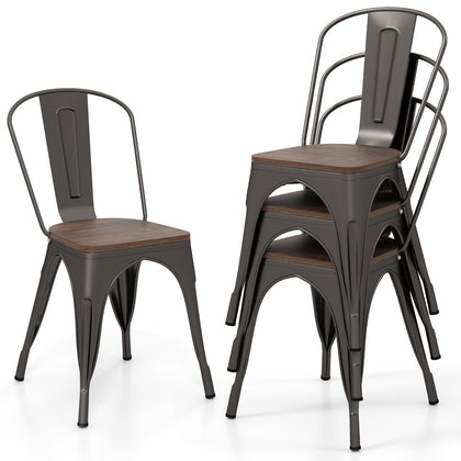 4 Pcs Stackable Kitchen Side Chairs with Wood Seat-Gun