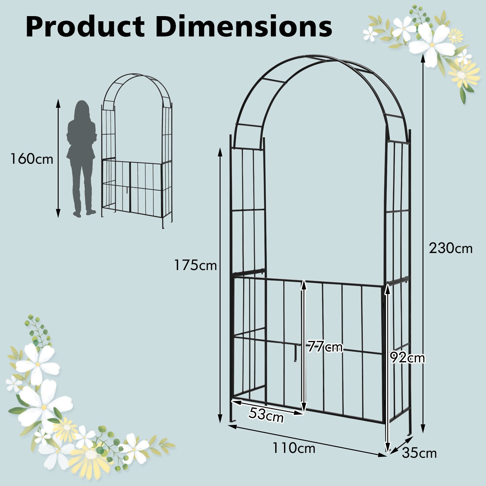 230CM Garden Arch Arbor TrellisTall Heavy-Duty Metal Arbour Archway w ...