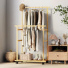 Natural Bamboo Clothes Rack Thicken Double Rod Rolling Garment Organizer w/Wheel