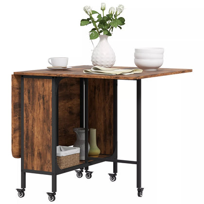 Mobile Drop Leaf Dining Table on Wheels with Storage Shelf Rustic Brown