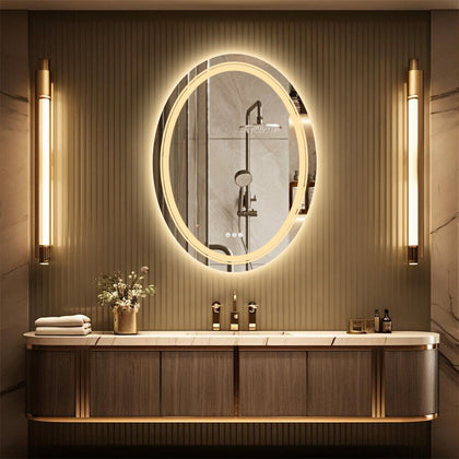 Large Oval Wall LED Bathroom Mirror Dimmable Vanity Mirror Backlit+Front-Lighted