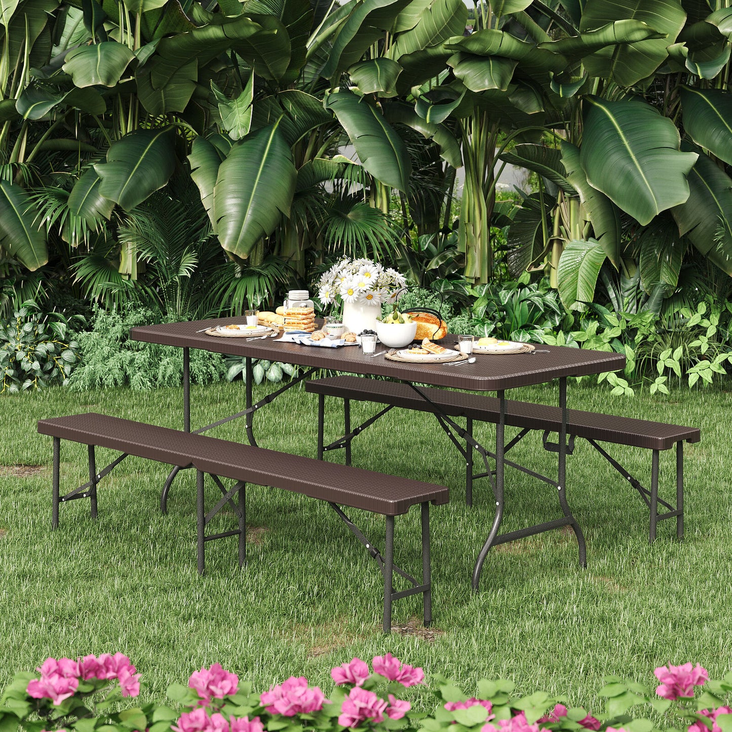 Rattan Garden Dining Table and Chairs Set Folding Camping BBQ Picnic Table Bench