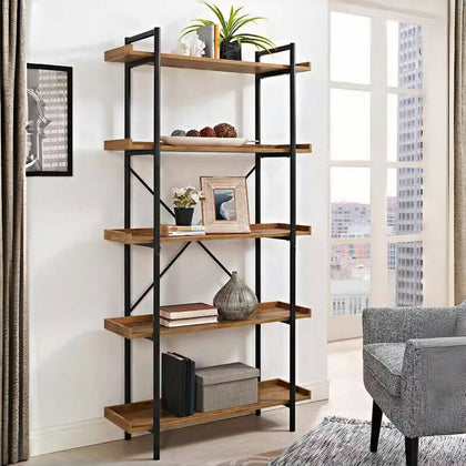 5 Tier Bookcase Shelves Wood & Metal Industrial Bookshelf Unit Living Room
