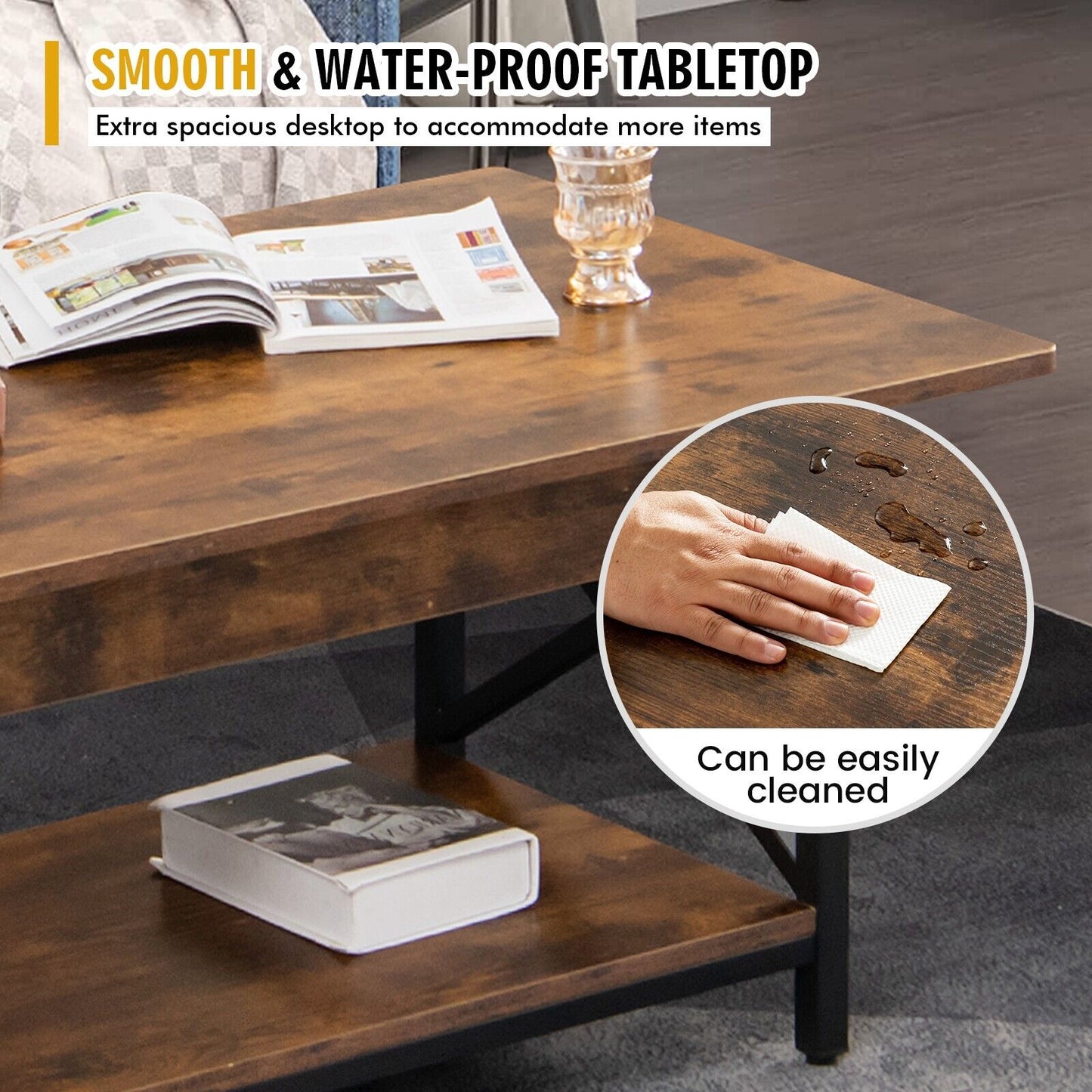 2-Tier Industrial Coffee Table Home Cocktail Tea Side Table with Storage Shelf