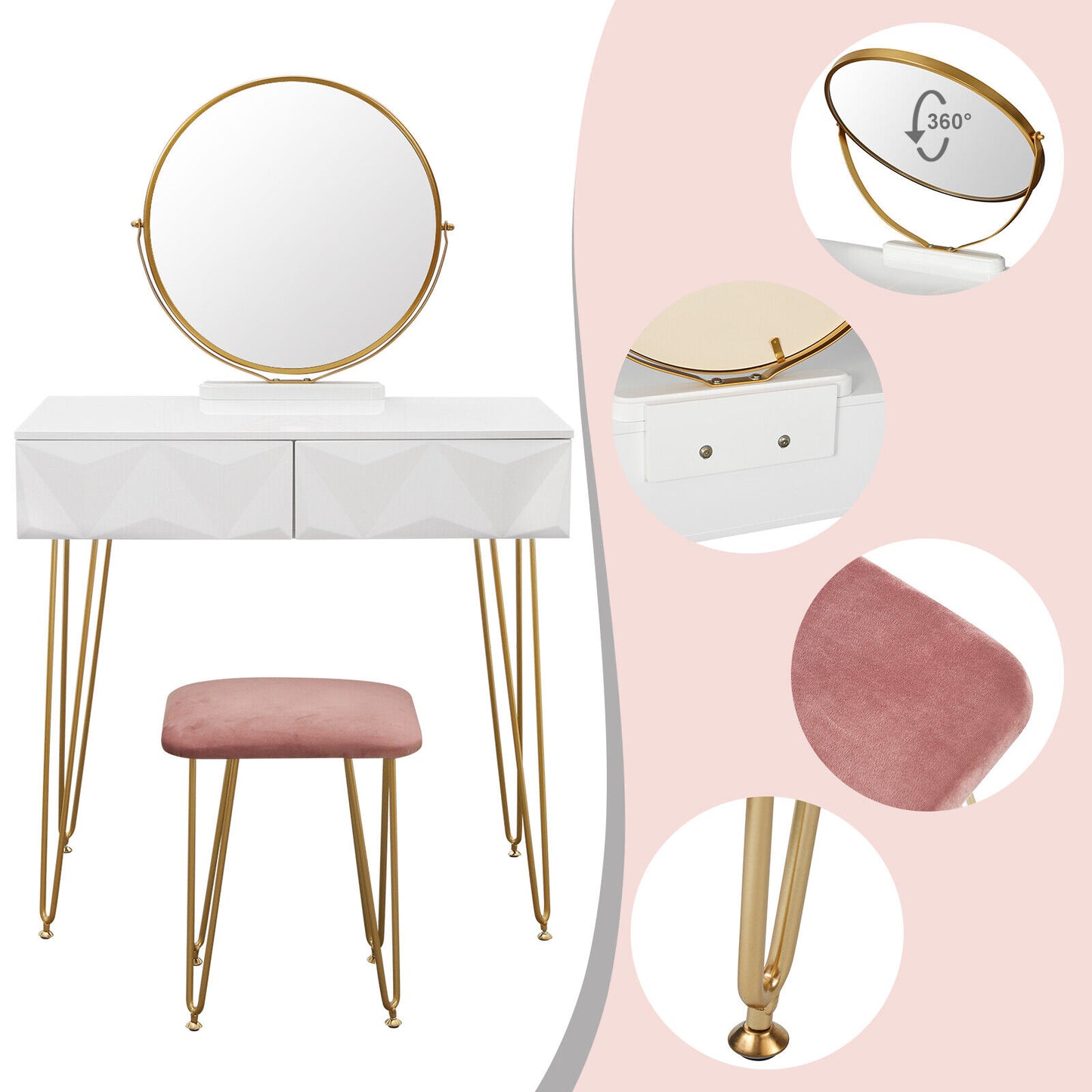 Dressing Table w/ 2 Drawers Round Mirror Stool Makeup Vanity Desk Bedroom White