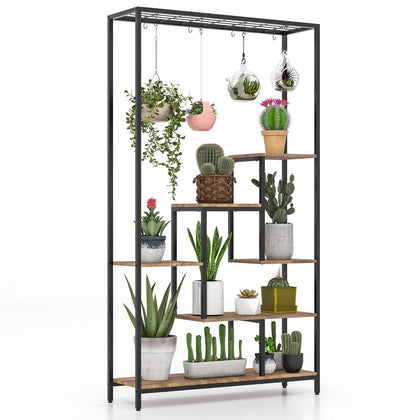 6-Tier Tall Plant Stand Display Rack Metal Plant Shelf w/10 Hanging Hooks Brown