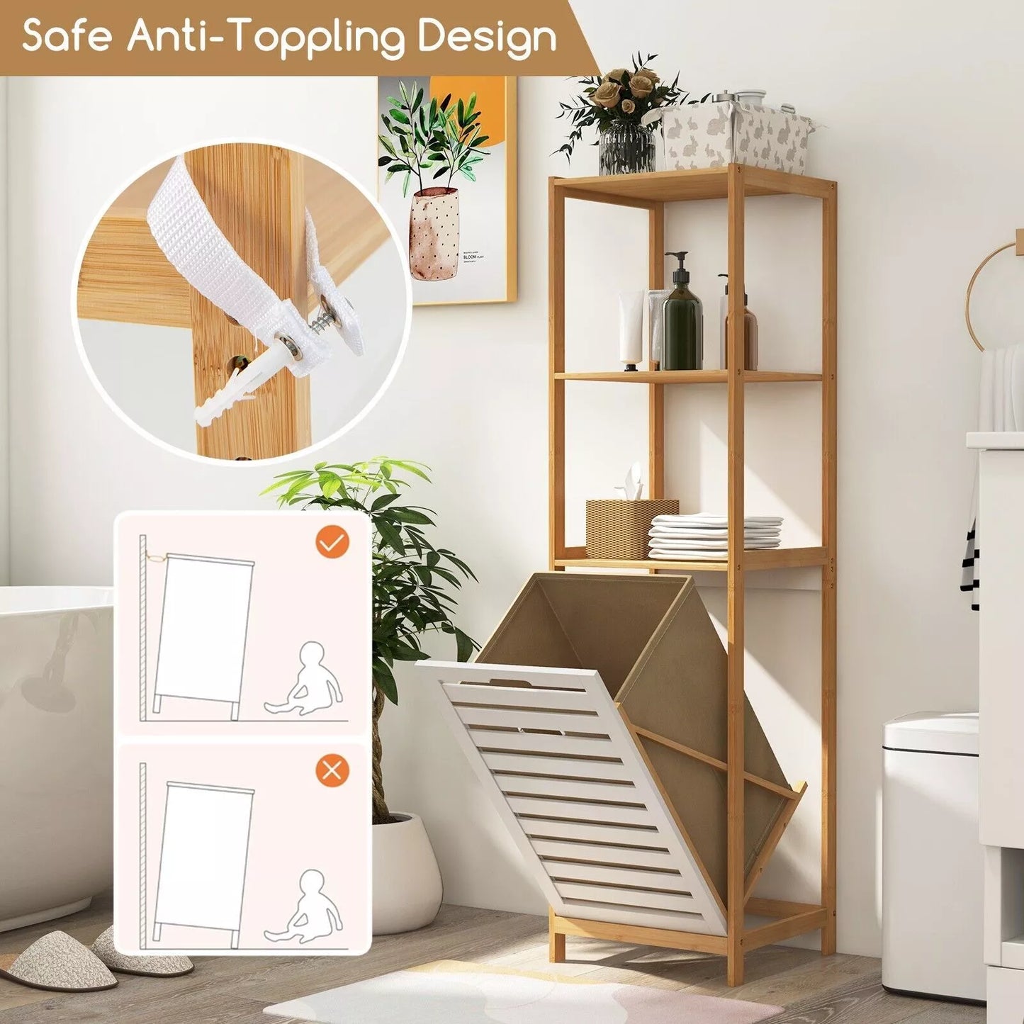 4-Tier Tilt-Out Laundry Hamper Bamboo Pull Out Laundry Hamper w/Shelves