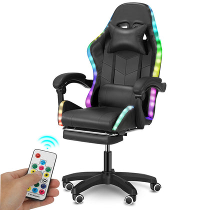 Luxury Black Gaming Chair w/ Bluetooth Speakers, RGB Lighting,Footrest & Ncabcll