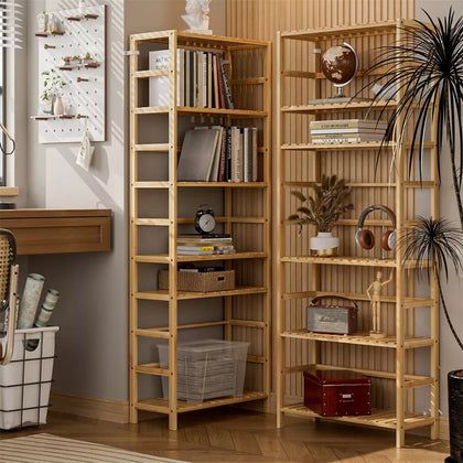 6-Tier Bamboo Bookshelf Tall Bookcase Adjustable Large Flower Stand Washing Room