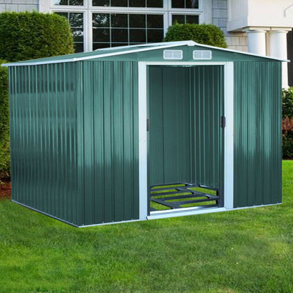 10X8FT Metal Garden Shed Apex Roof With Free Foundation Base Storage House Green