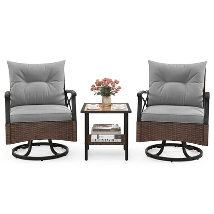 3 Piece Patio Swivel Rocker Set Wicker Rocking Chairs w/ Back Cushions