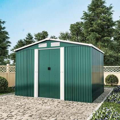 8 x 6FT Green Garden Sheds Outdoor Apex Roof Metal Shed Storage House Free Base