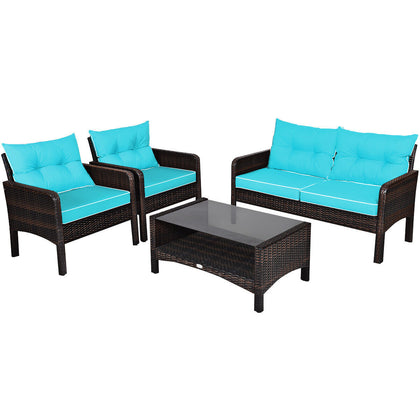 4 Pieces PE Rattan Patio Conversation Set Outdoor Rattan Furniture w/ Cushions