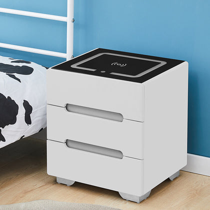 3 Drawers White Bedside Tables Cabinets Wireless Charging LED Lights Bedroom