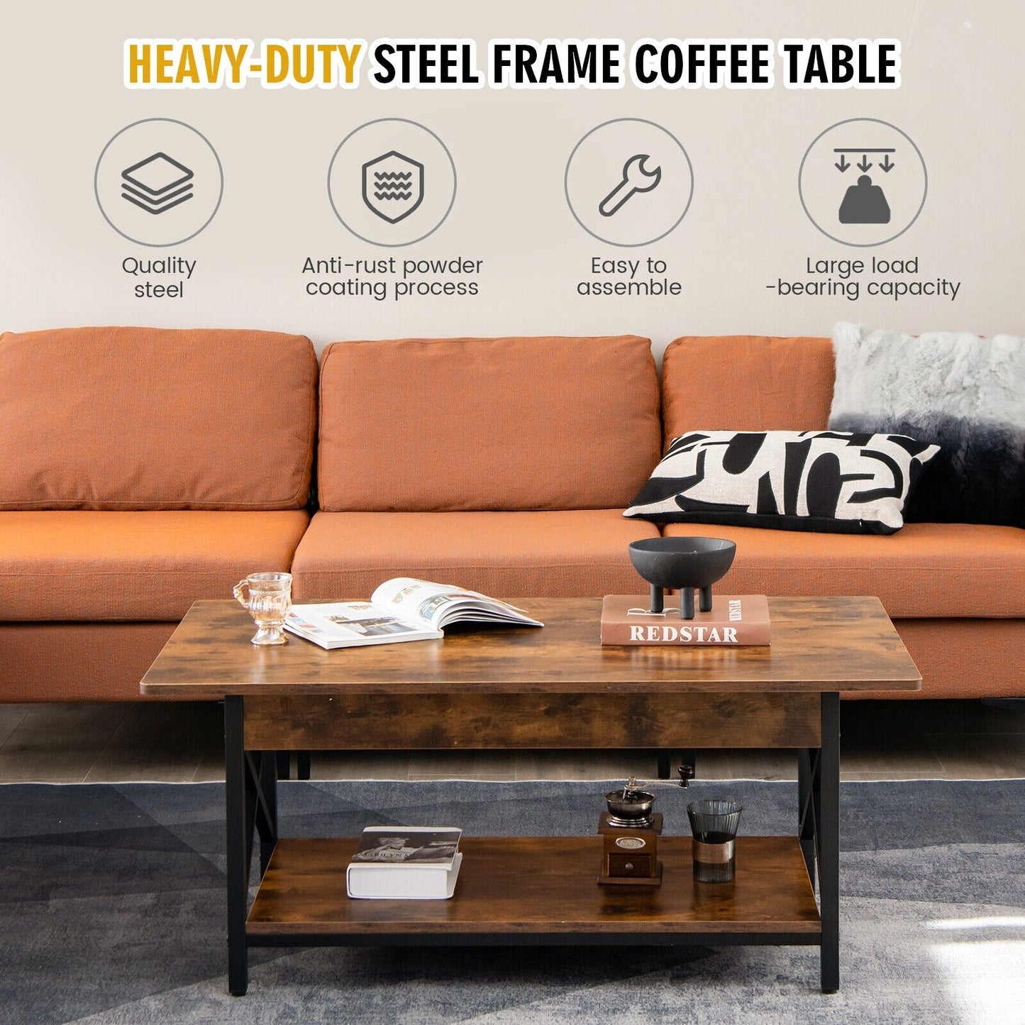 2-Tier Industrial Coffee Table Home Cocktail Tea Side Table with Storage Shelf