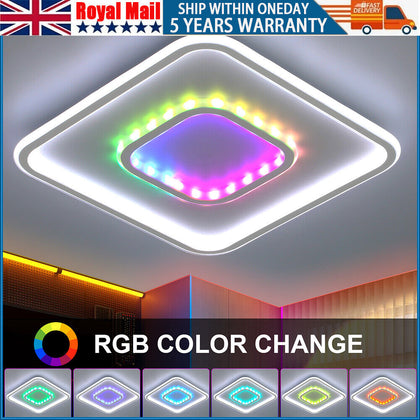 Modern Chandelier LED Lamp White Frame Ceiling Light With RGB Mode Square Olbuvr