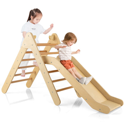 2-in-1 Triangle Climbing Set Kids indoor Wooden Triangle Climber Toy w/ slide