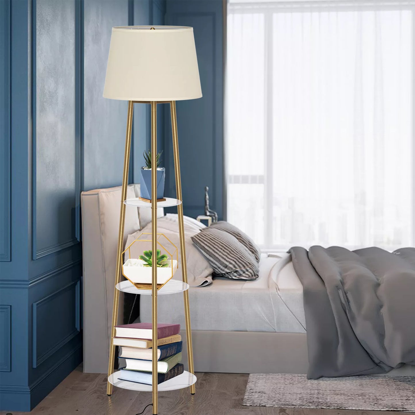3-Tier Shelf Floor Lamp w/Shade Standing Light Open Shelves Storage Living Room