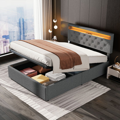 Modern Double Single Metal Bed Frame Upholstered Headboard with LED Lights Grey