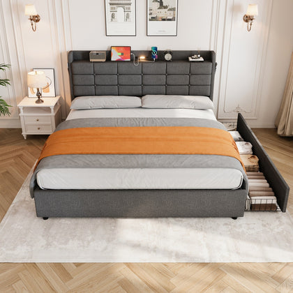 5ft King Ottoman Storage Bed Frame with Drawers, Headboard & Night Light, Grey