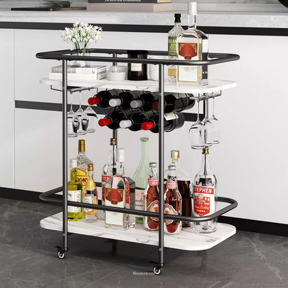 2 Tier Mobile Drinks Trolley Bar Serving Cart on Wheels with Wine Rack
