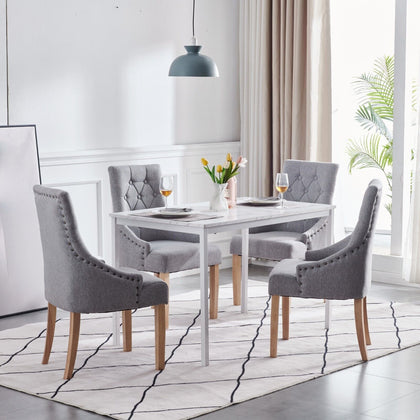4x Grey Wood Dining Chairs Rivet Armchairs&White Marble MDF Top Dining Table Set