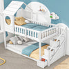 Cabin House Bunk Bed Solid Pine Wood Kids High Sleeper with Storage Stairs White