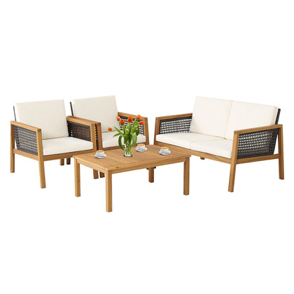 4Pcs Outdoor PE Rattan Conversation Set Patio Chair Table Bench Set w/Cushions
