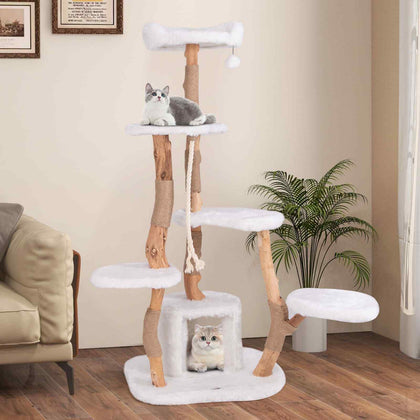 6-Tier Activity Center 168 cm Tall Solid Wood Cat Tree-White