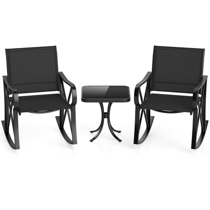 3 Piece Patio Rocking Set 2 Rocking Chairs w/ Side Table-Black