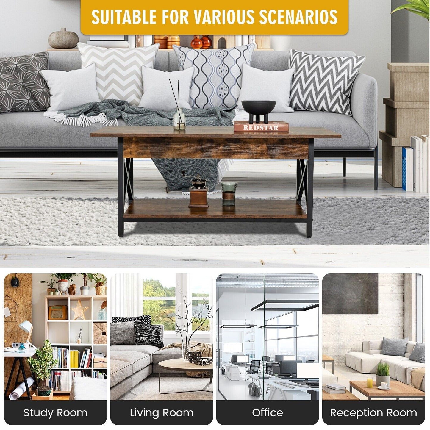 2-Tier Industrial Coffee Table Home Cocktail Tea Side Table with Storage Shelf