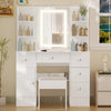 White Dressing Table Set Vanity Desk with 3-Color LED Light Mirror, Stool Drawer