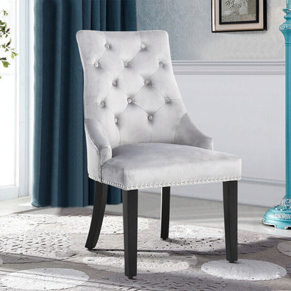 2X Dining Chairs Grey Velvet Buttoned Knocker Back Wood Leg Living Room Kitchen